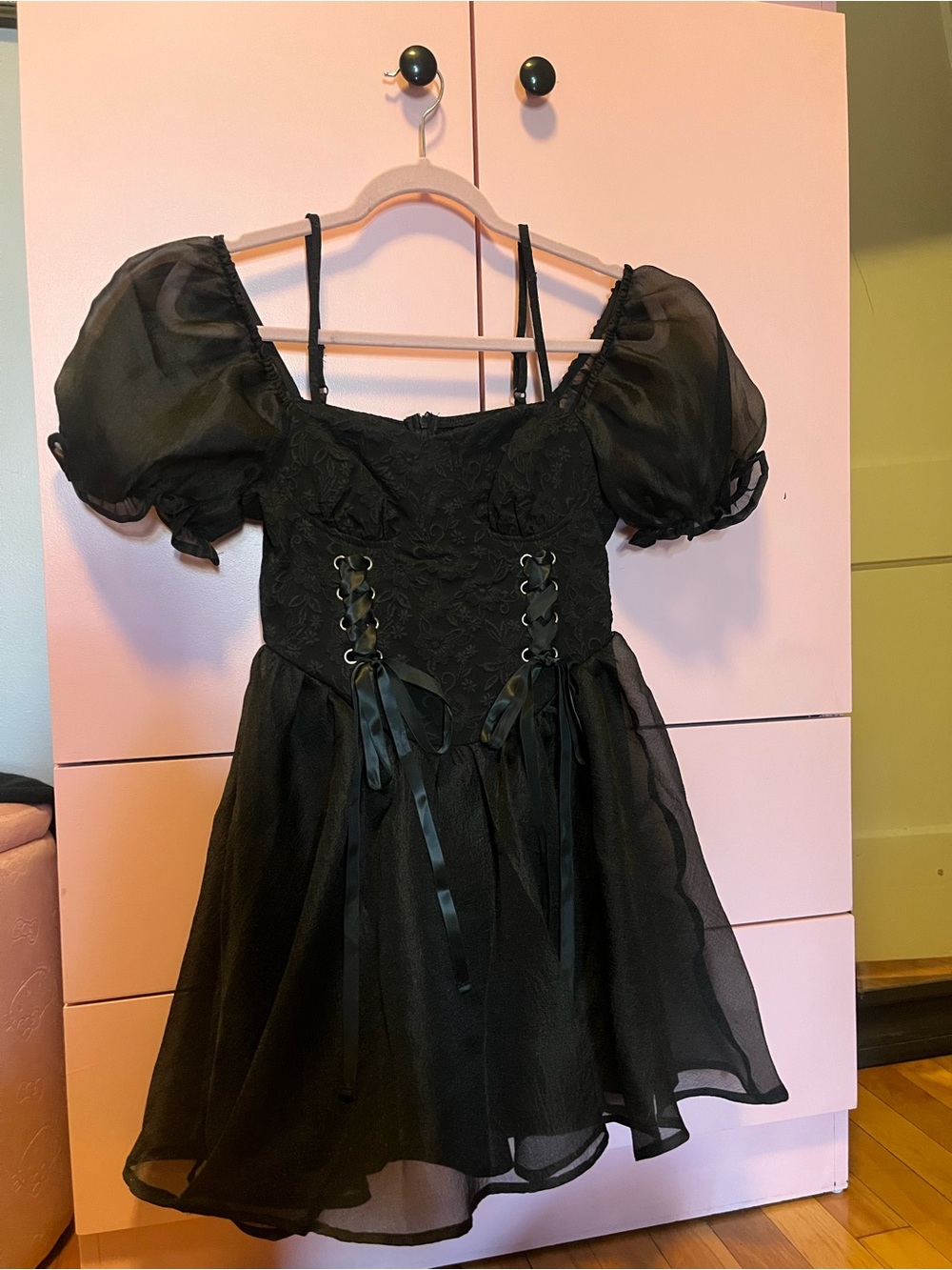 Black goth-fairy core, puff sleeve, lace-up Dress